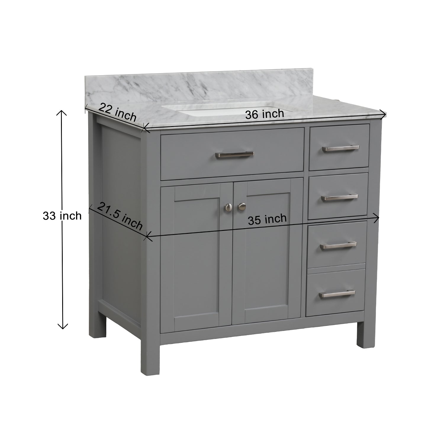 36 in. W x 22 in. D x 33 in. H Bath Vanity in Grey with Carrara White Marble Top