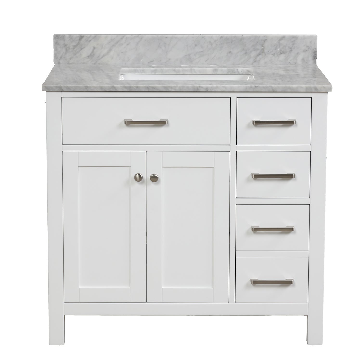 36 in. W x 22 in. D x 33 in. H Bath Vanity in White with Carrara White Marble Top