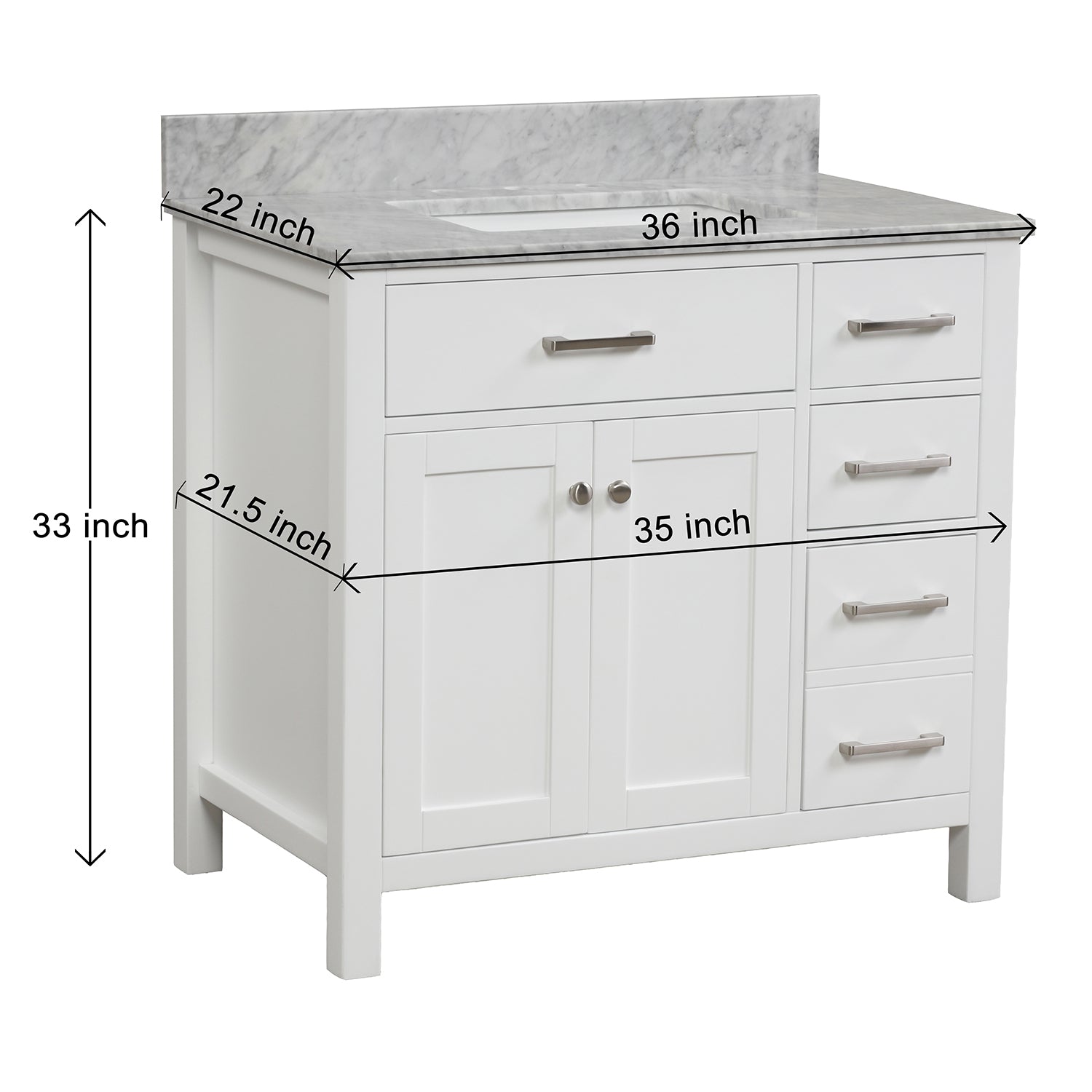 36 in. W x 22 in. D x 33 in. H Bath Vanity in White with Carrara White Marble Top