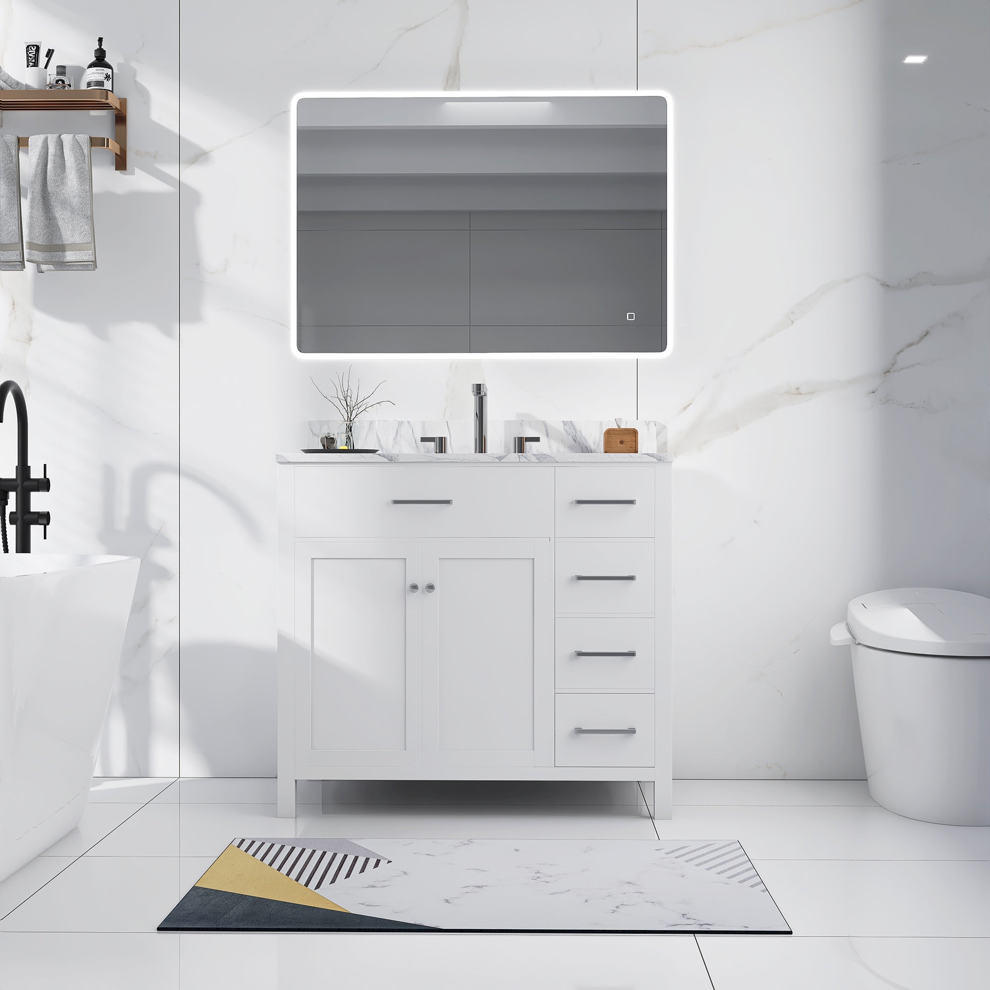 36 in. W x 22 in. D x 33 in. H Bath Vanity in White with Carrara White Marble Top