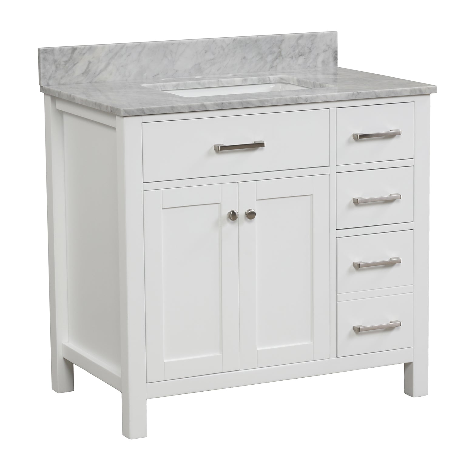 36 in. W x 22 in. D x 33 in. H Bath Vanity in White with Carrara White Marble Top
