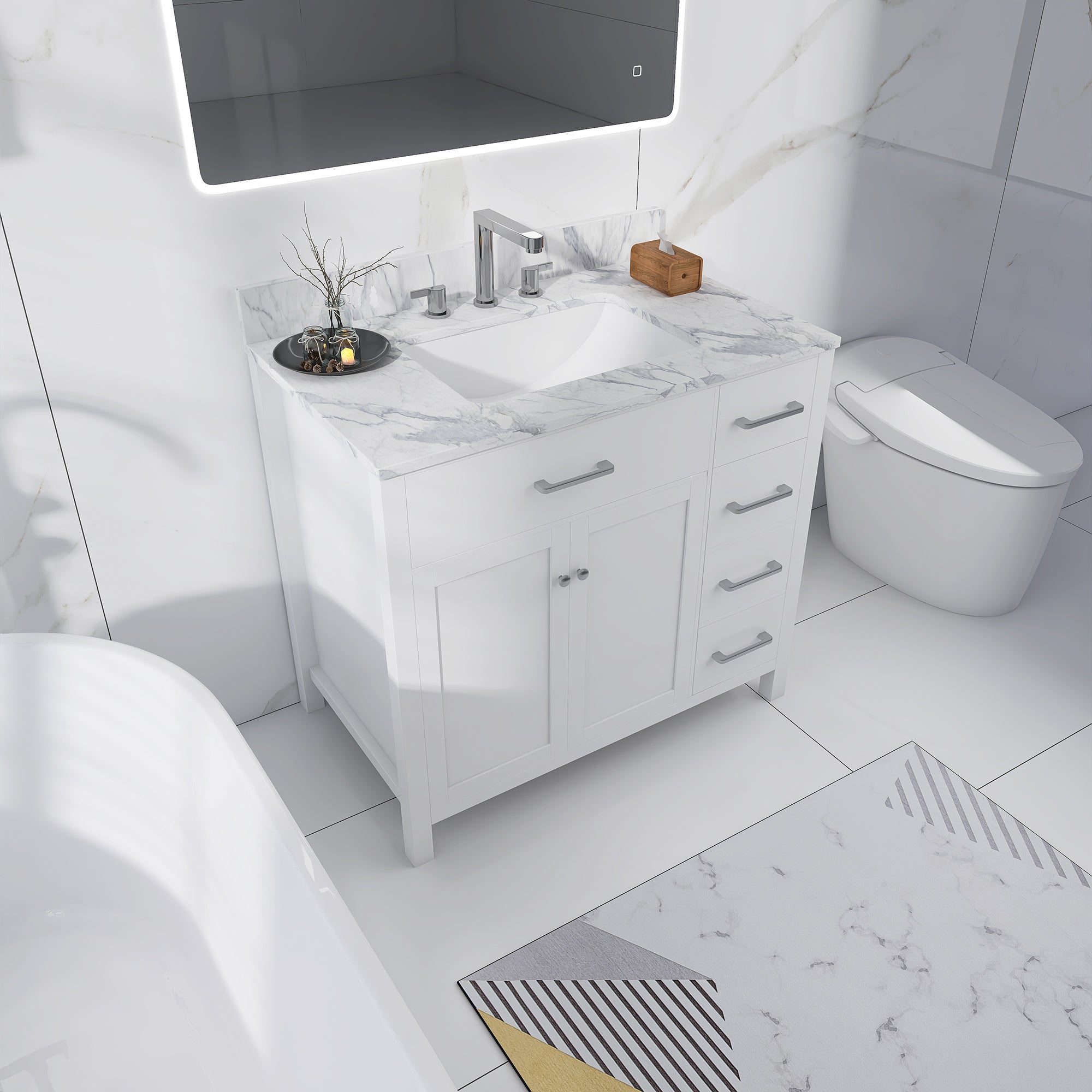 36 in. W x 22 in. D x 33 in. H Bath Vanity in White with Carrara White Marble Top