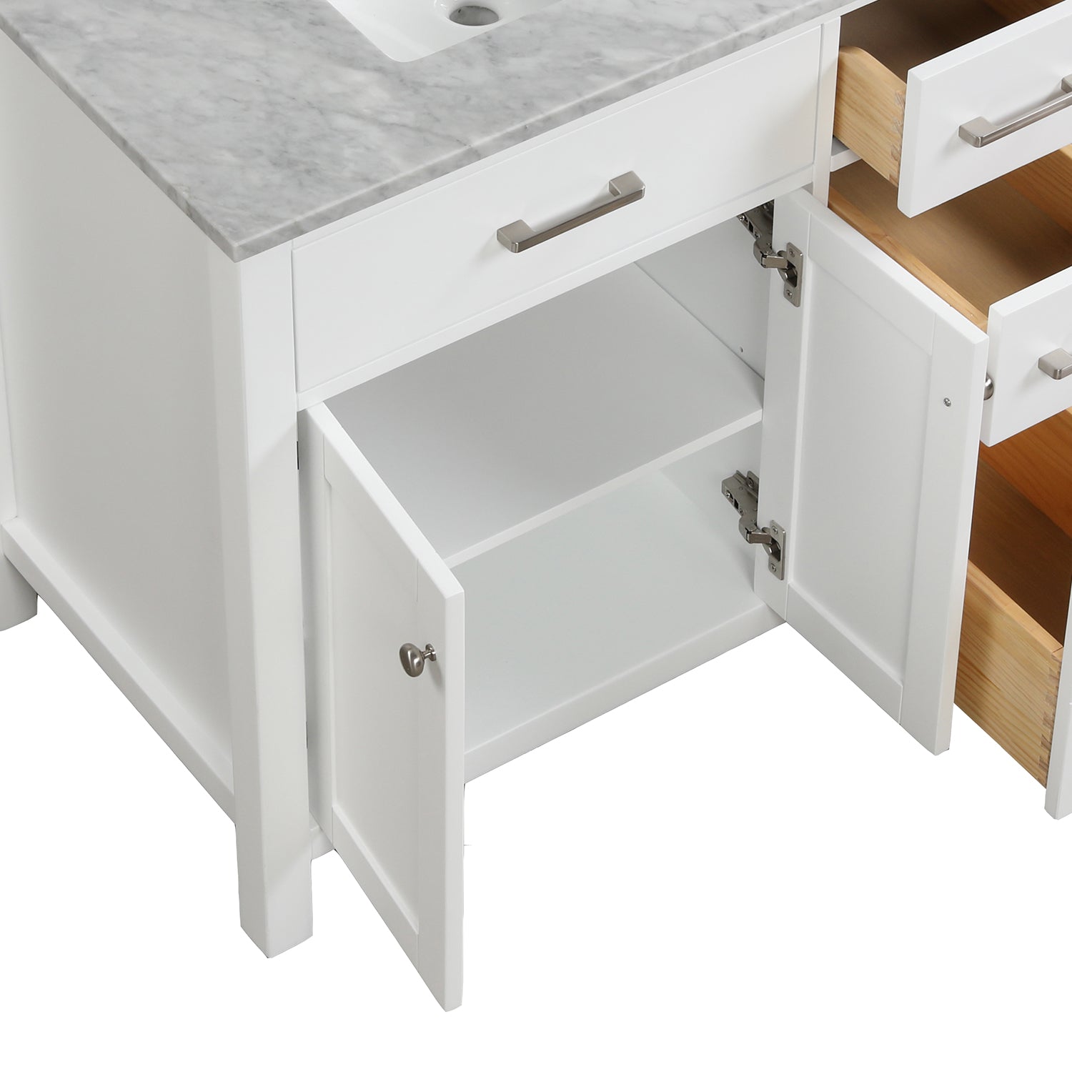 36 in. W x 22 in. D x 33 in. H Bath Vanity in White with Carrara White Marble Top