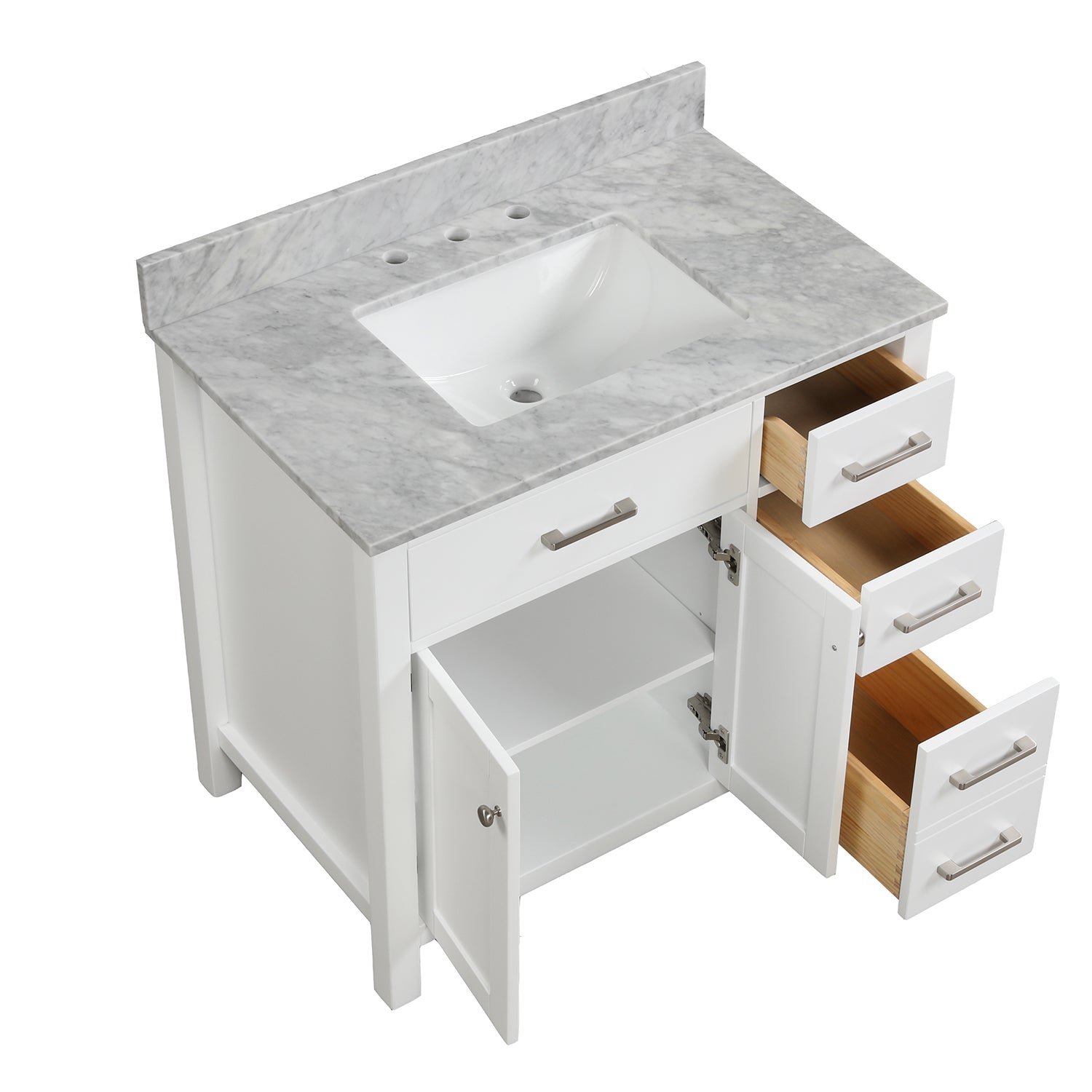36 in. W x 22 in. D x 33 in. H Bath Vanity in White with Carrara White Marble Top