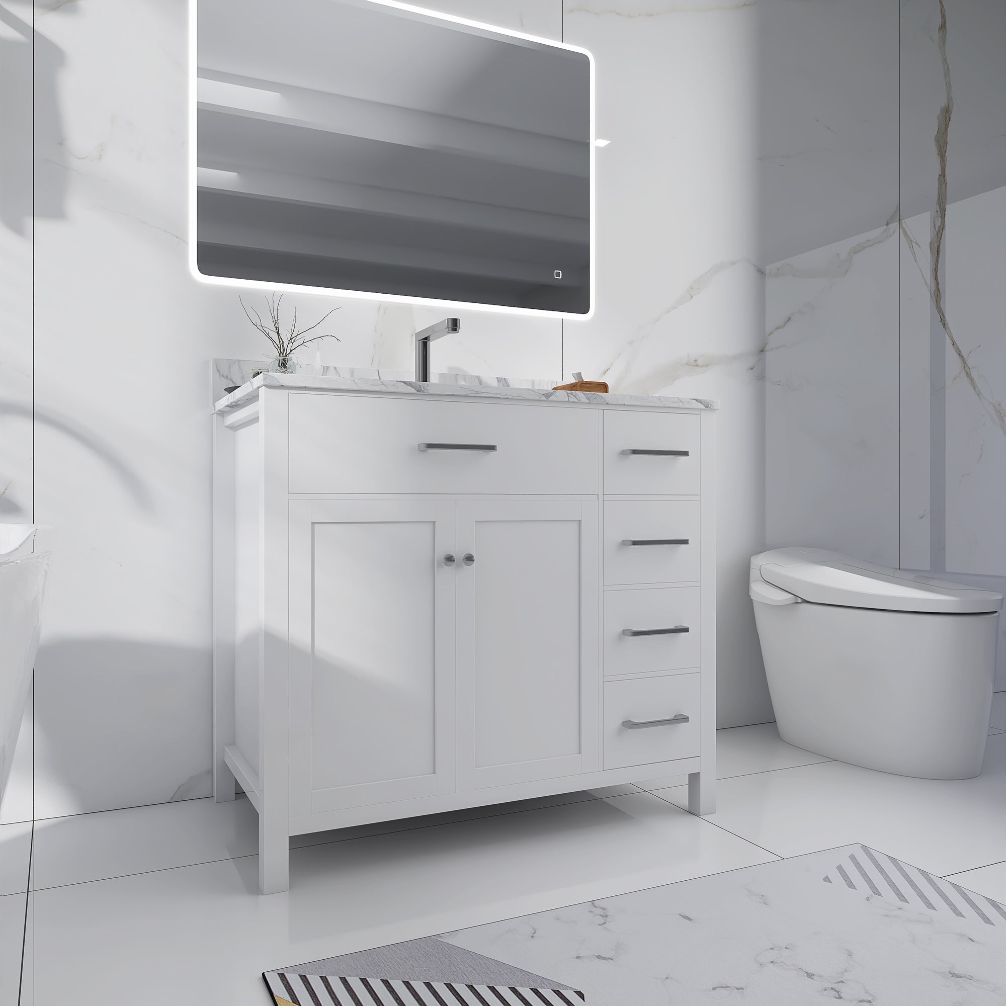36 in. W x 22 in. D x 33 in. H Bath Vanity in White with Carrara White Marble Top