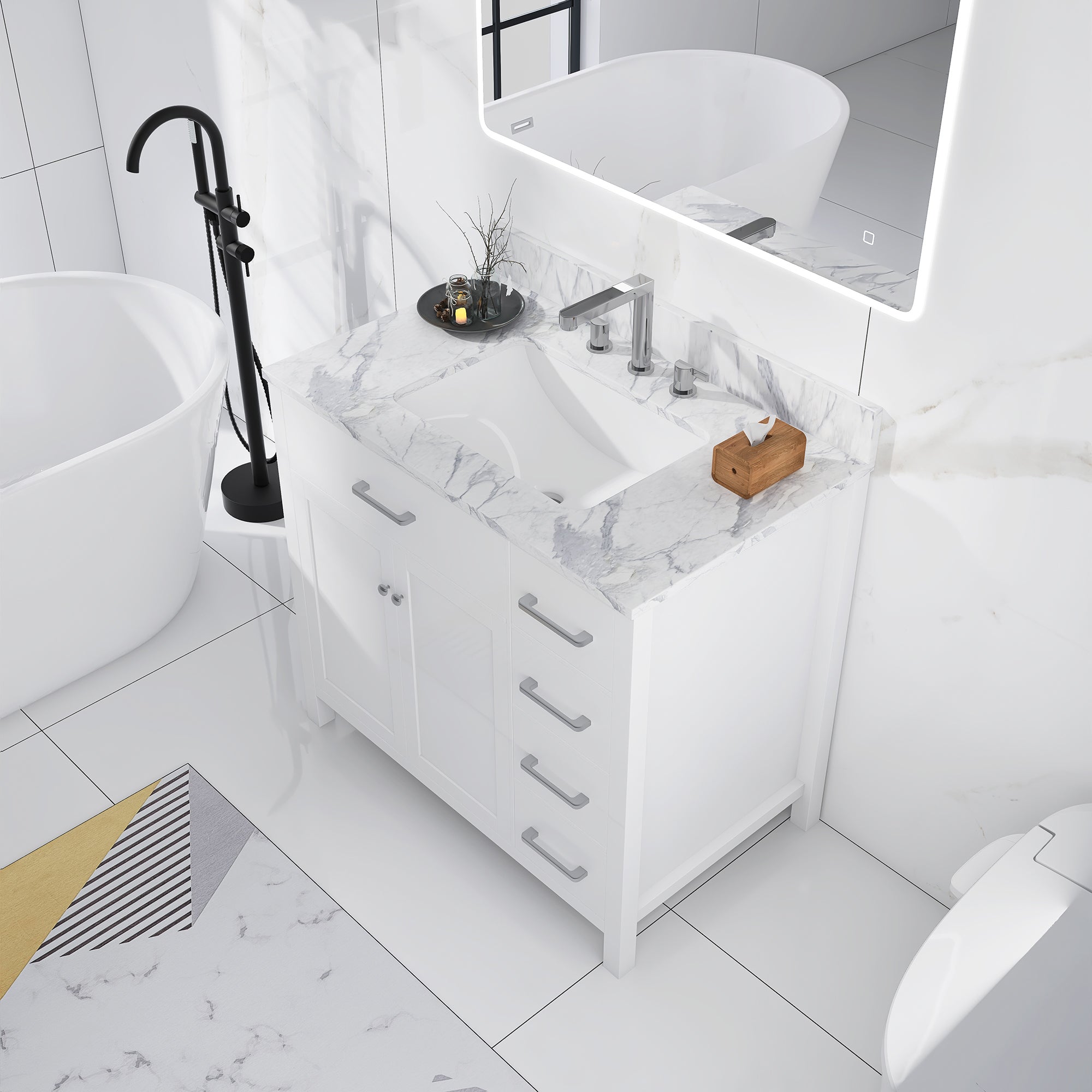 36 in. W x 22 in. D x 33 in. H Bath Vanity in White with Carrara White Marble Top