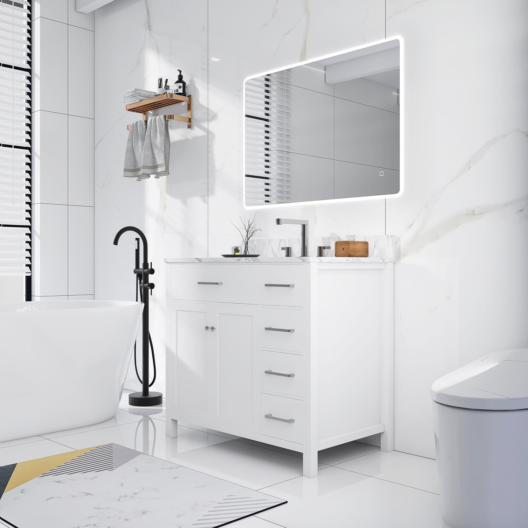 36 in. W x 22 in. D x 33 in. H Bath Vanity in White with Carrara White Marble Top