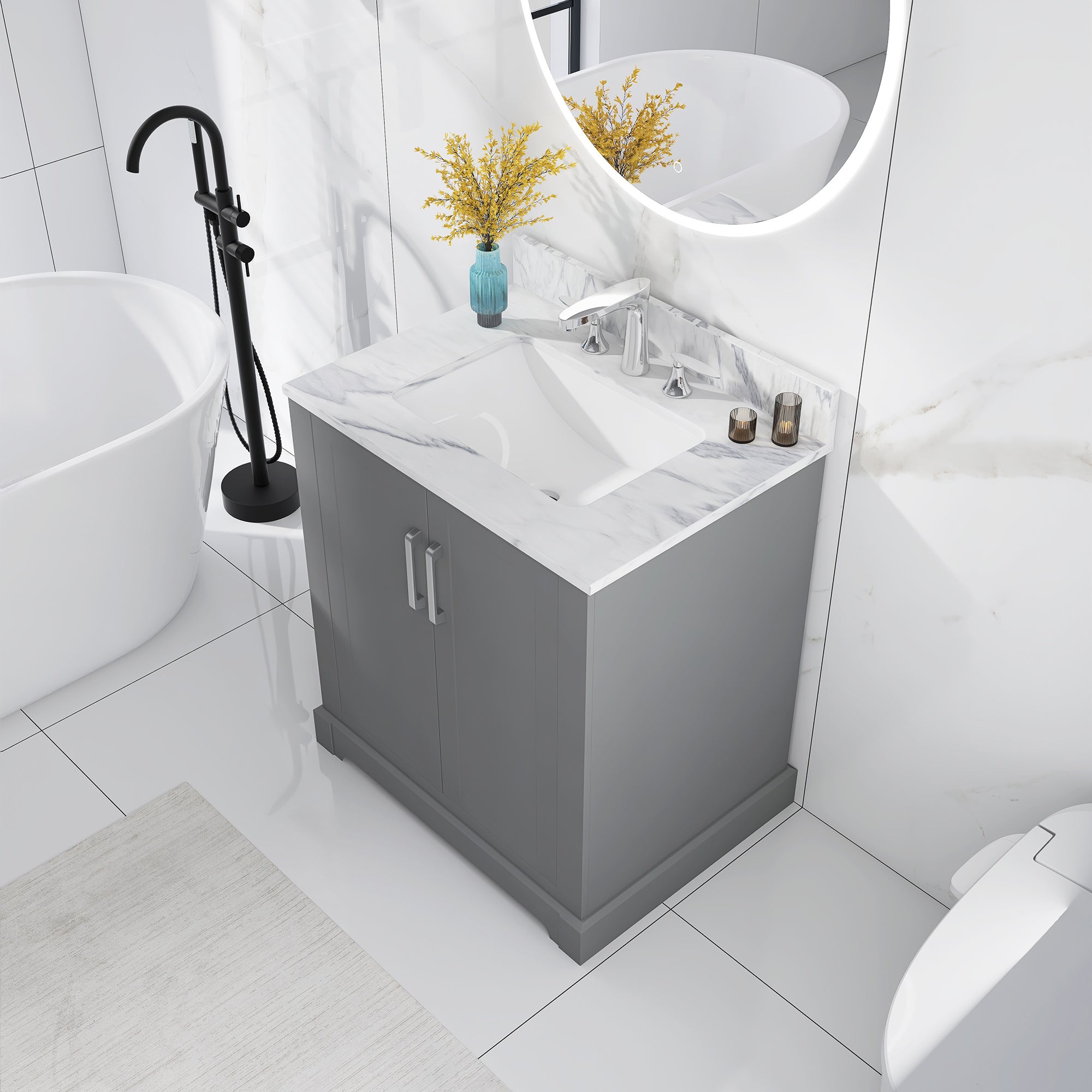 30 in. W x 22 in. D x 33 in. H Bath Vanity in Grey with Carrara White Marble Top