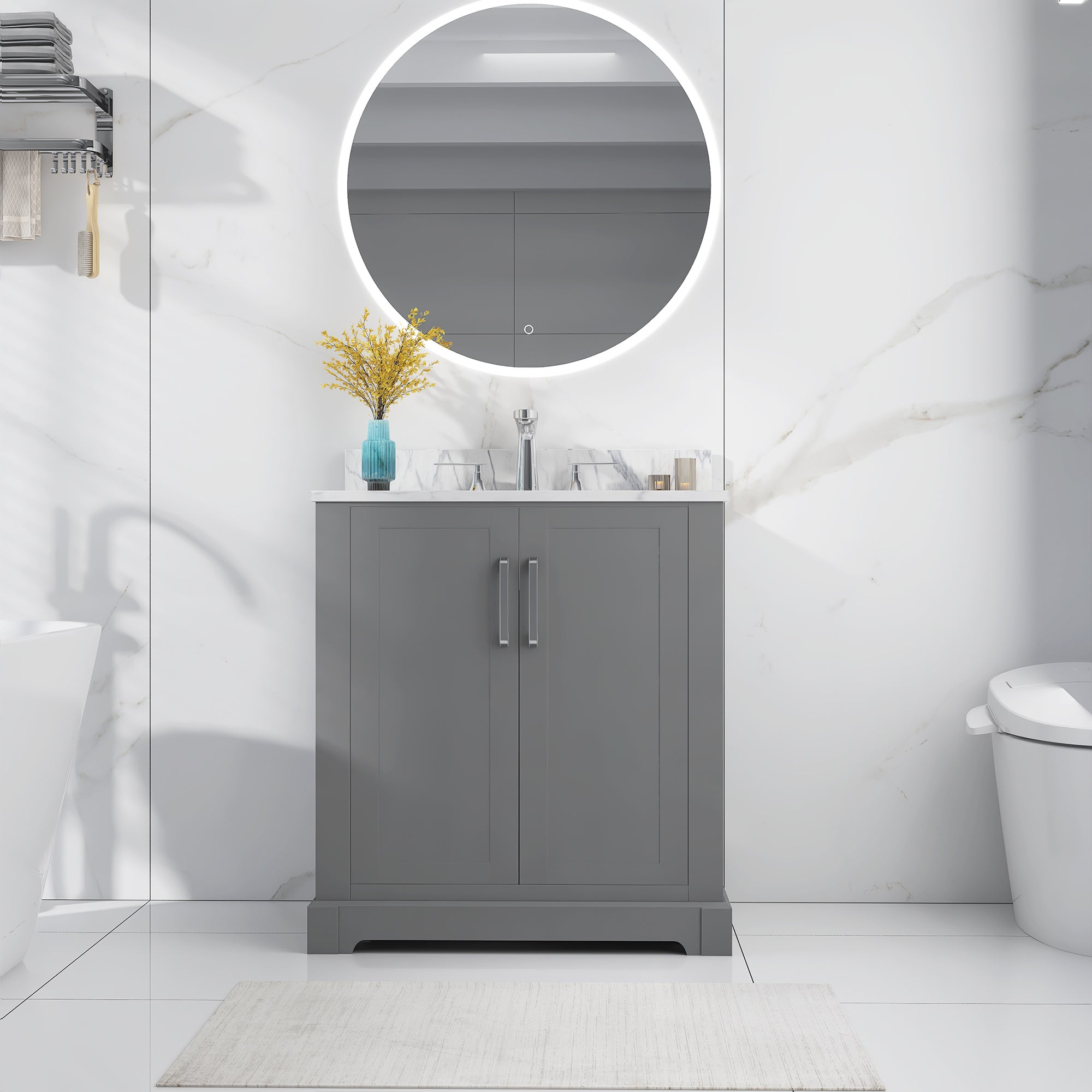30 in. W x 22 in. D x 33 in. H Bath Vanity in Grey with Carrara White Marble Top