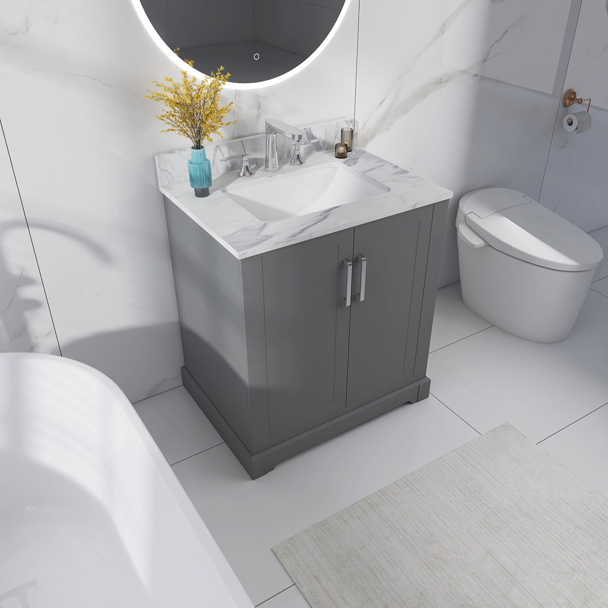30 in. W x 22 in. D x 33 in. H Bath Vanity in Grey with Carrara White Marble Top