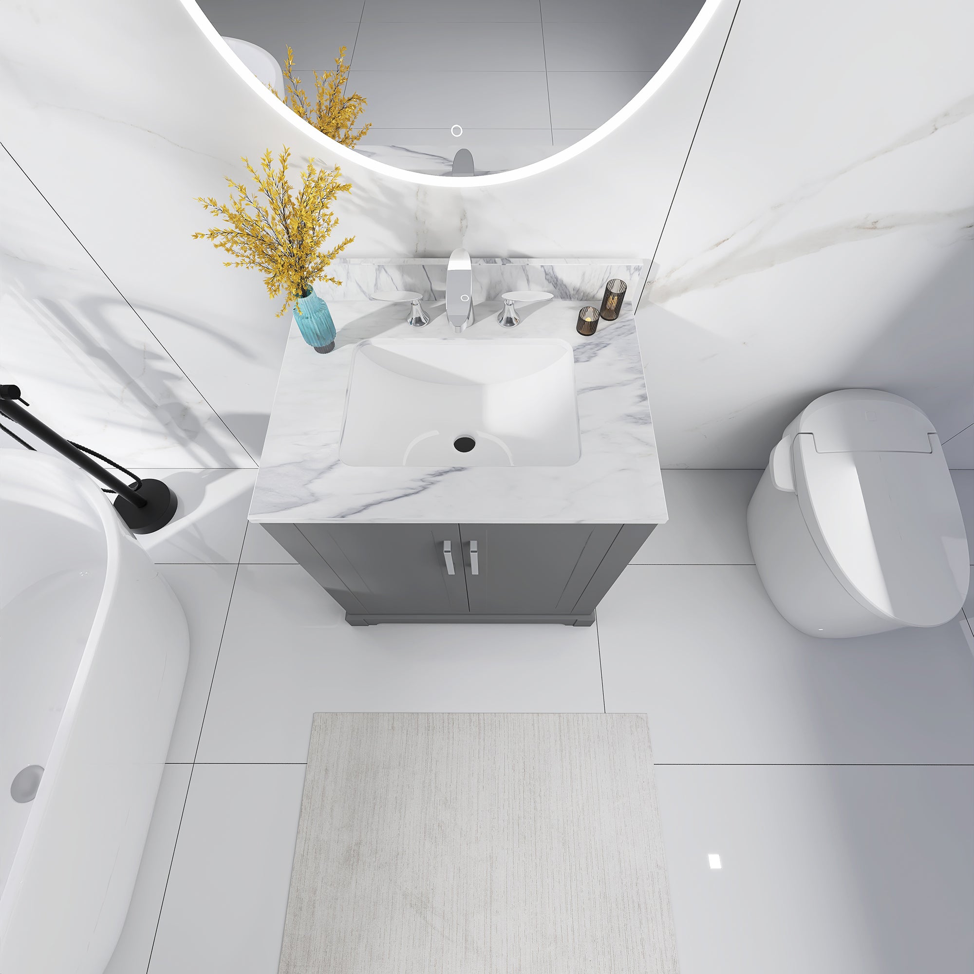 30 in. W x 22 in. D x 33 in. H Bath Vanity in Grey with Carrara White Marble Top