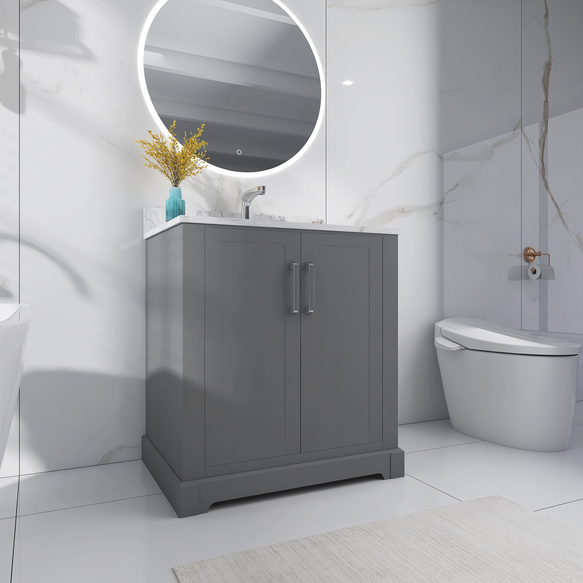 30 in. W x 22 in. D x 33 in. H Bath Vanity in Grey with Carrara White Marble Top