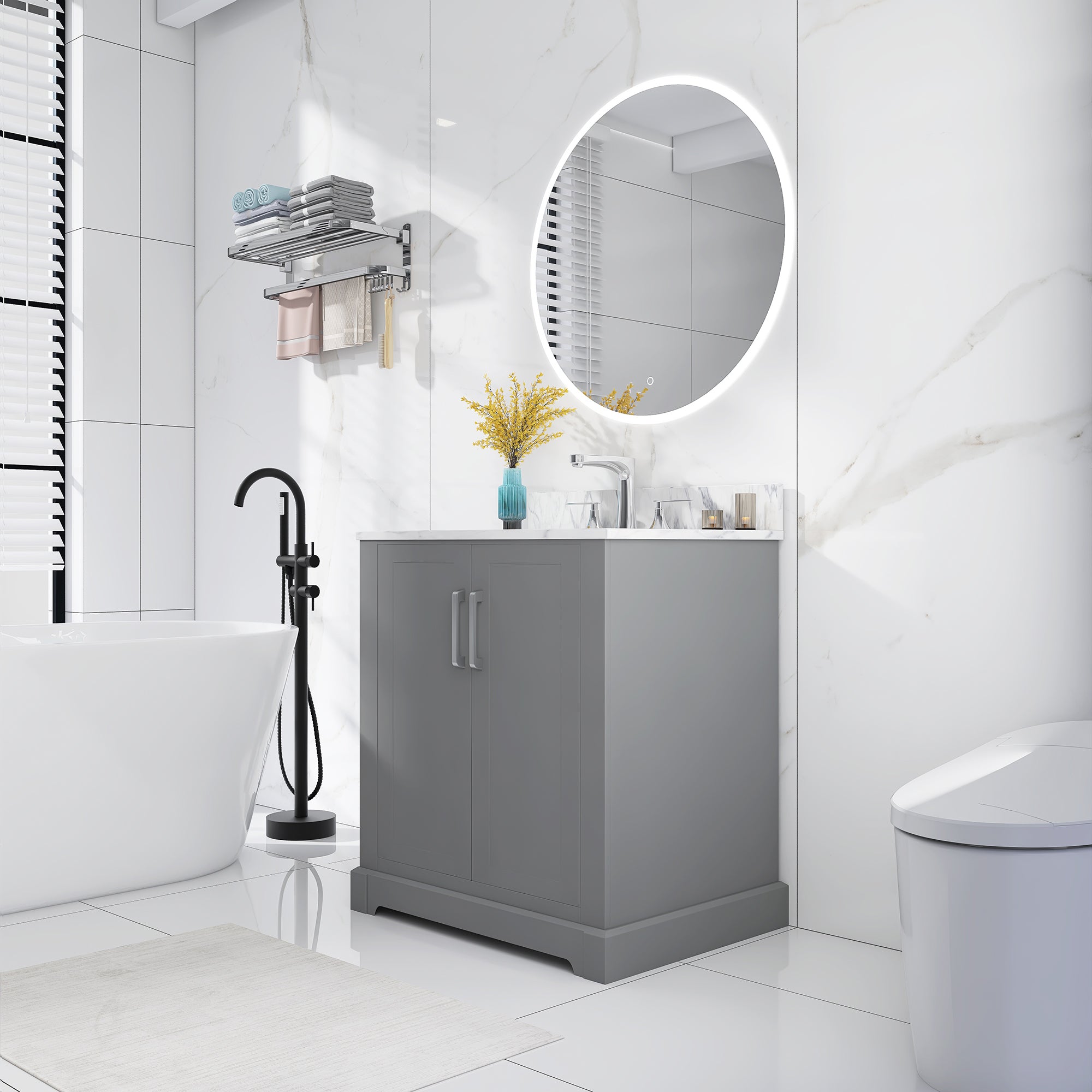 30 in. W x 22 in. D x 33 in. H Bath Vanity in Grey with Carrara White Marble Top