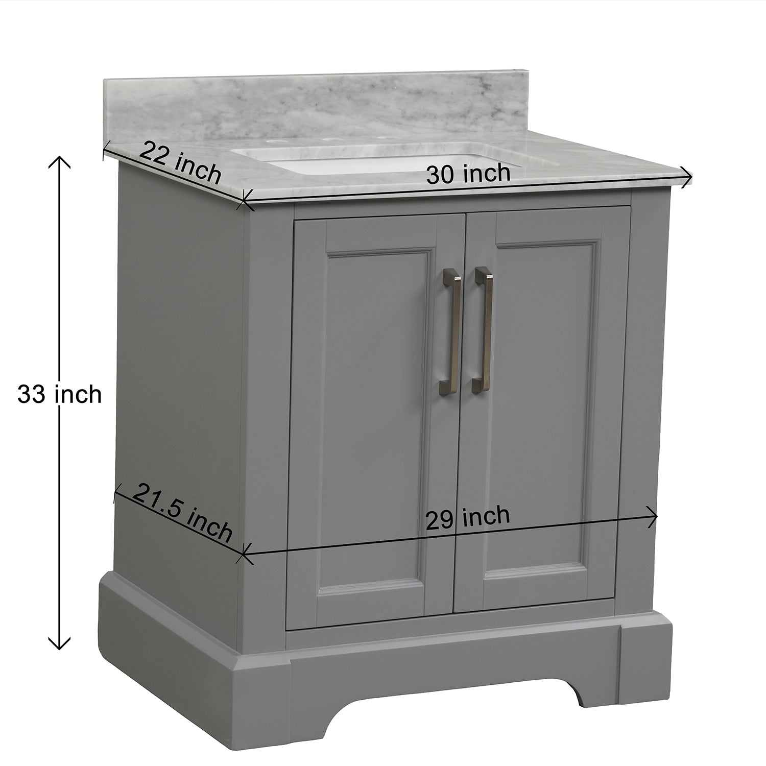 30 in. W x 22 in. D x 33 in. H Bath Vanity in Grey with Carrara White Marble Top