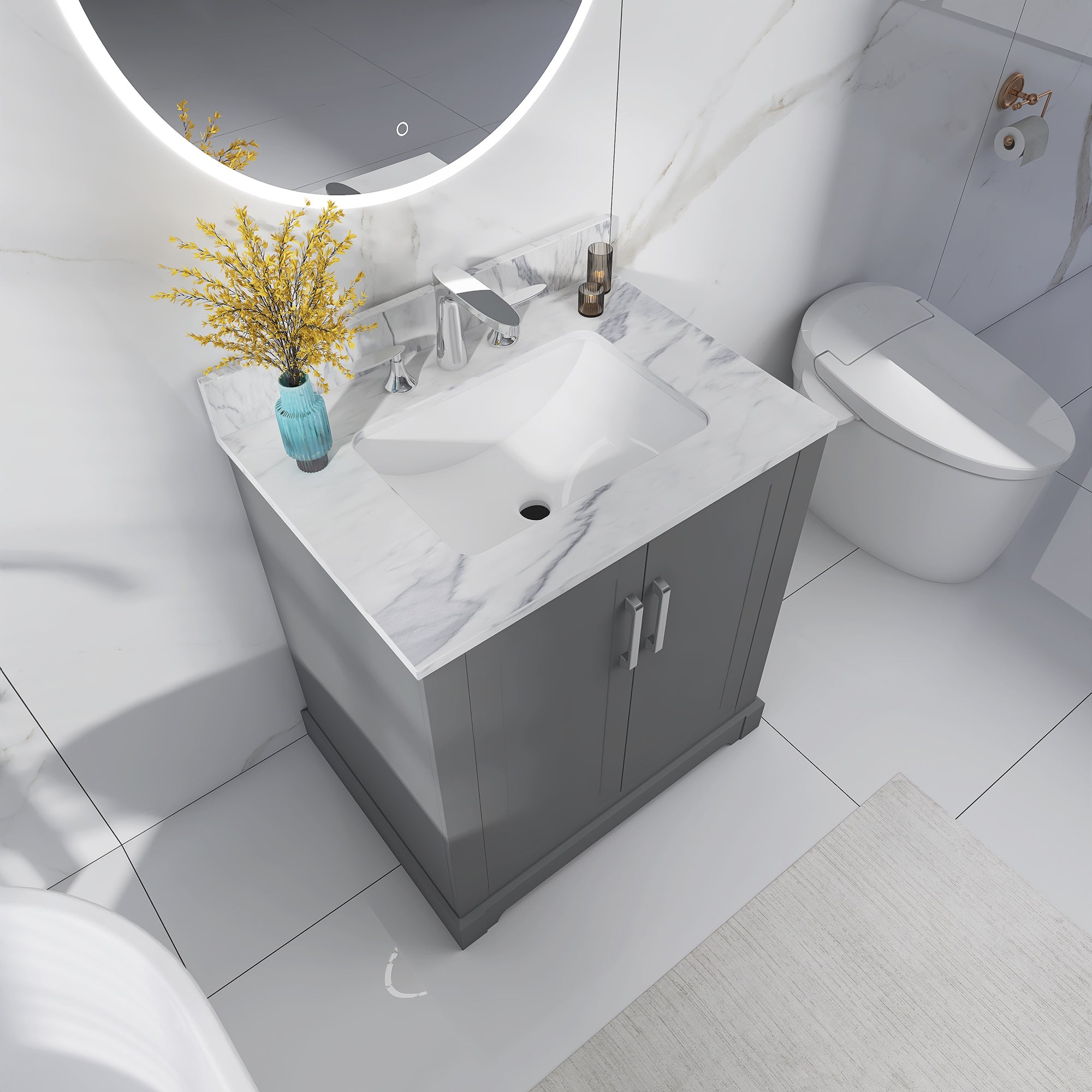 30 in. W x 22 in. D x 33 in. H Bath Vanity in Grey with Carrara White Marble Top
