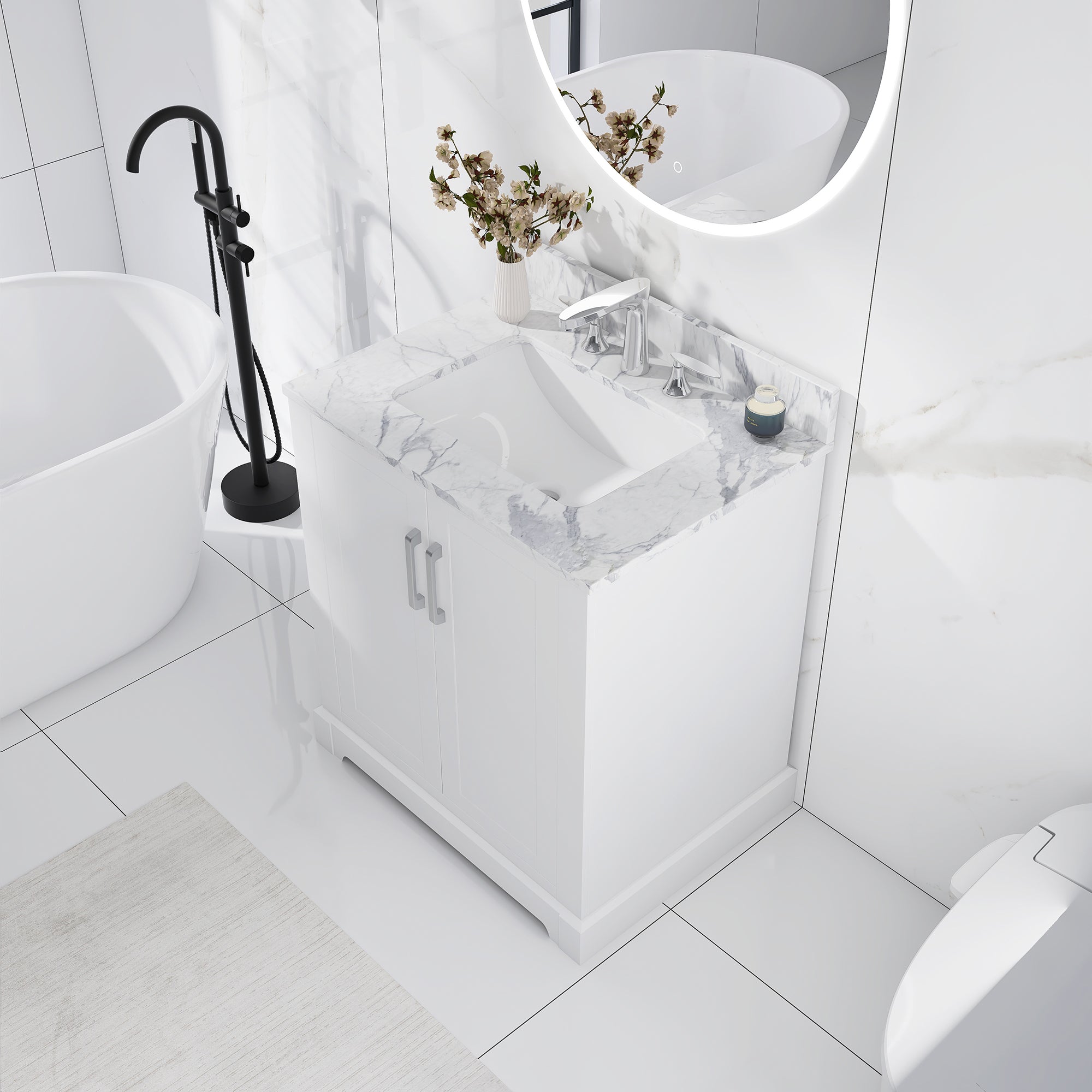 30 in. W x 22 in. D x 33 in. H Bath Vanity in White with Carrara White Marble Top
