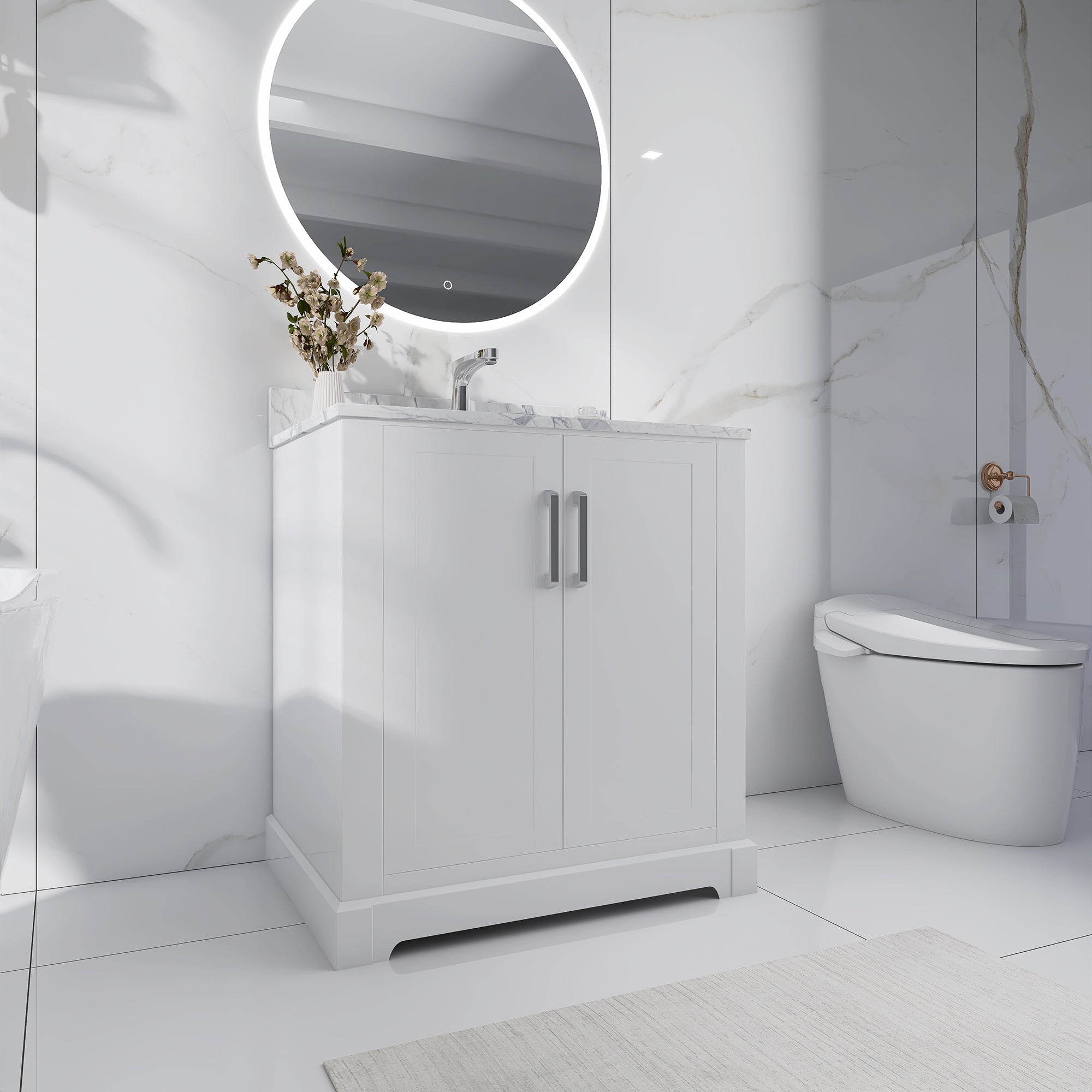 30 in. W x 22 in. D x 33 in. H Bath Vanity in White with Carrara White Marble Top