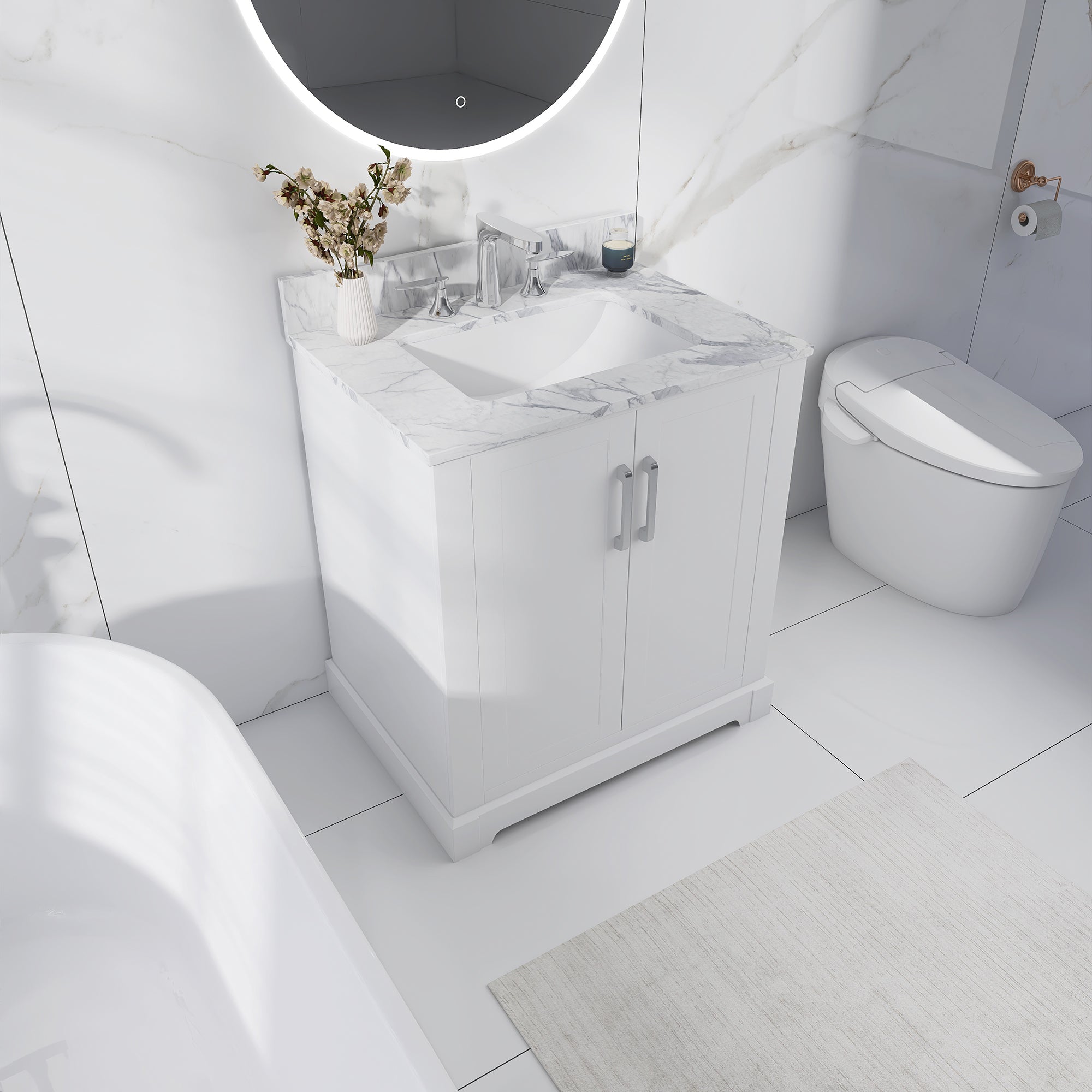 30 in. W x 22 in. D x 33 in. H Bath Vanity in White with Carrara White Marble Top
