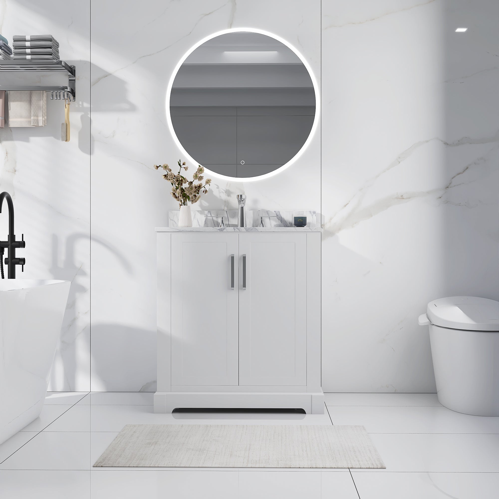 30 in. W x 22 in. D x 33 in. H Bath Vanity in White with Carrara White Marble Top