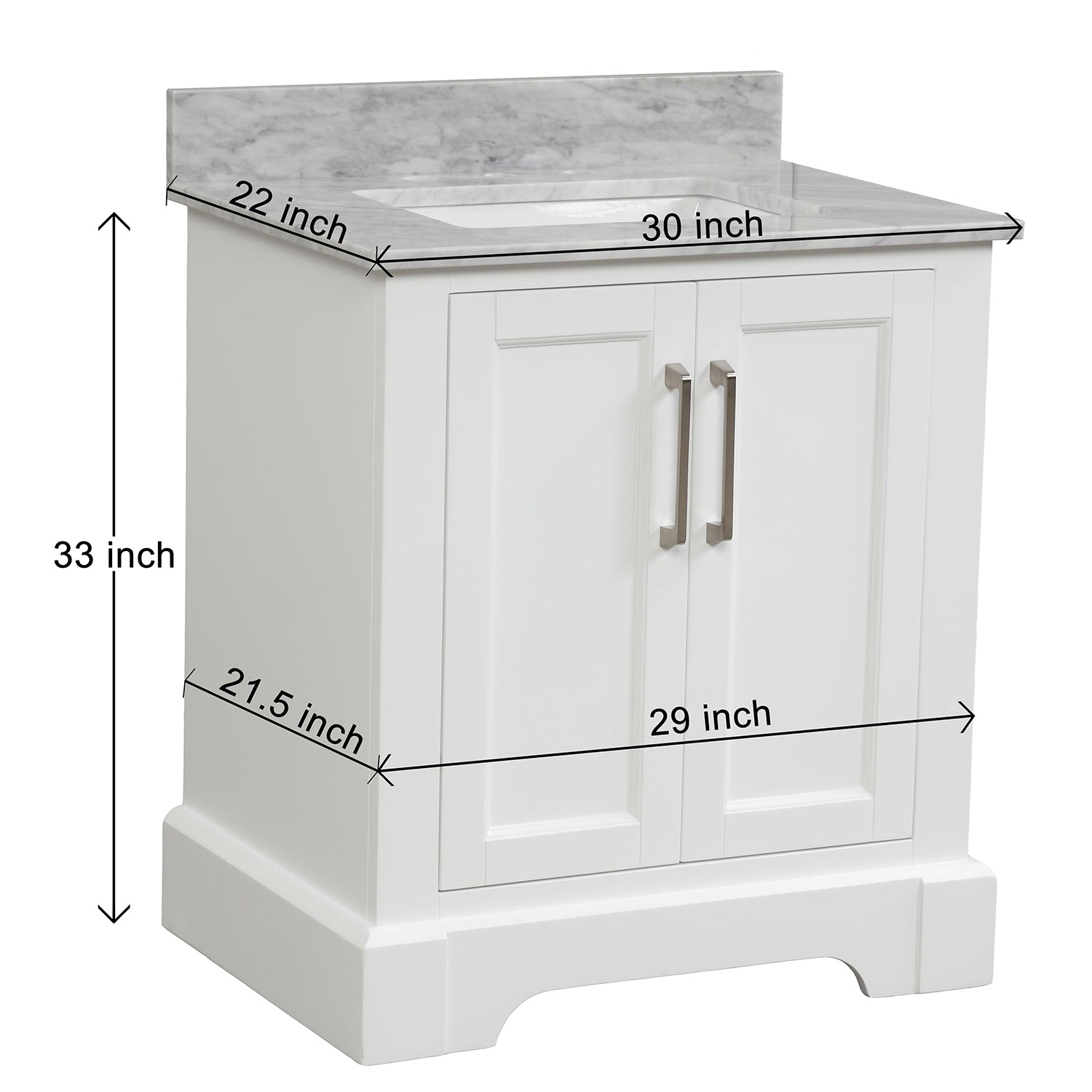 30 in. W x 22 in. D x 33 in. H Bath Vanity in White with Carrara White Marble Top