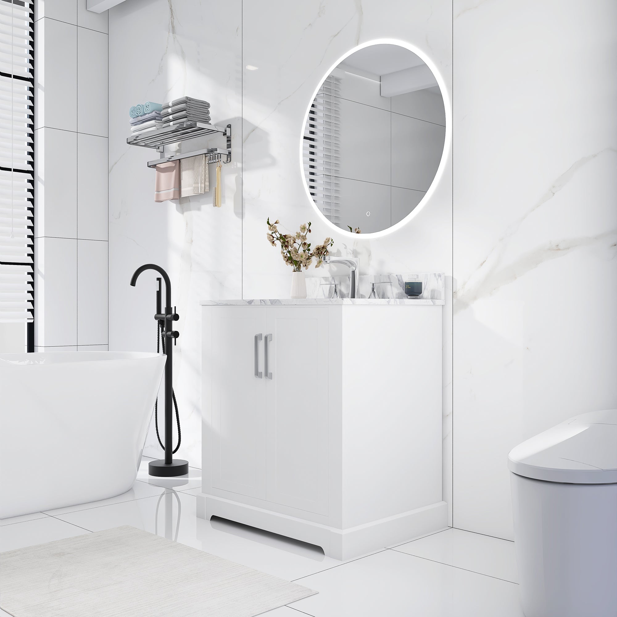 30 in. W x 22 in. D x 33 in. H Bath Vanity in White with Carrara White Marble Top