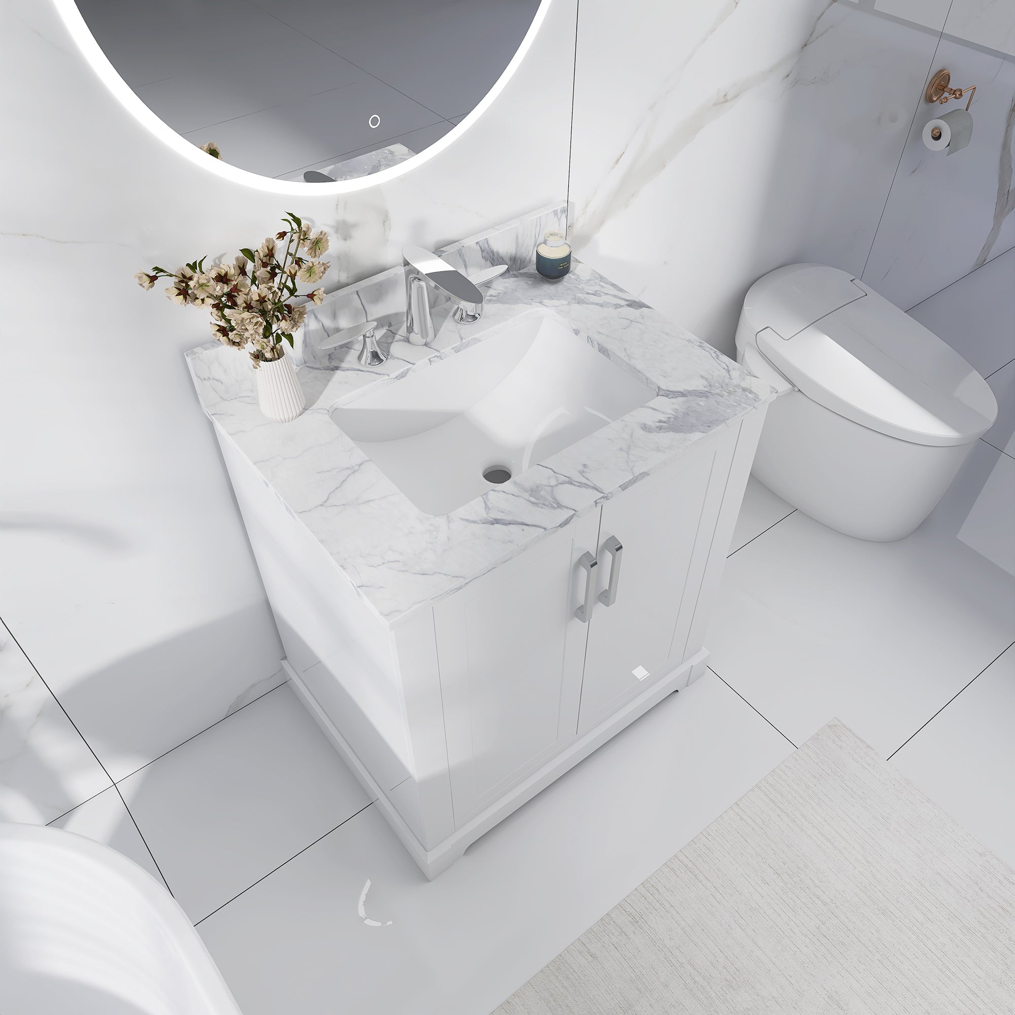 30 in. W x 22 in. D x 33 in. H Bath Vanity in White with Carrara White Marble Top