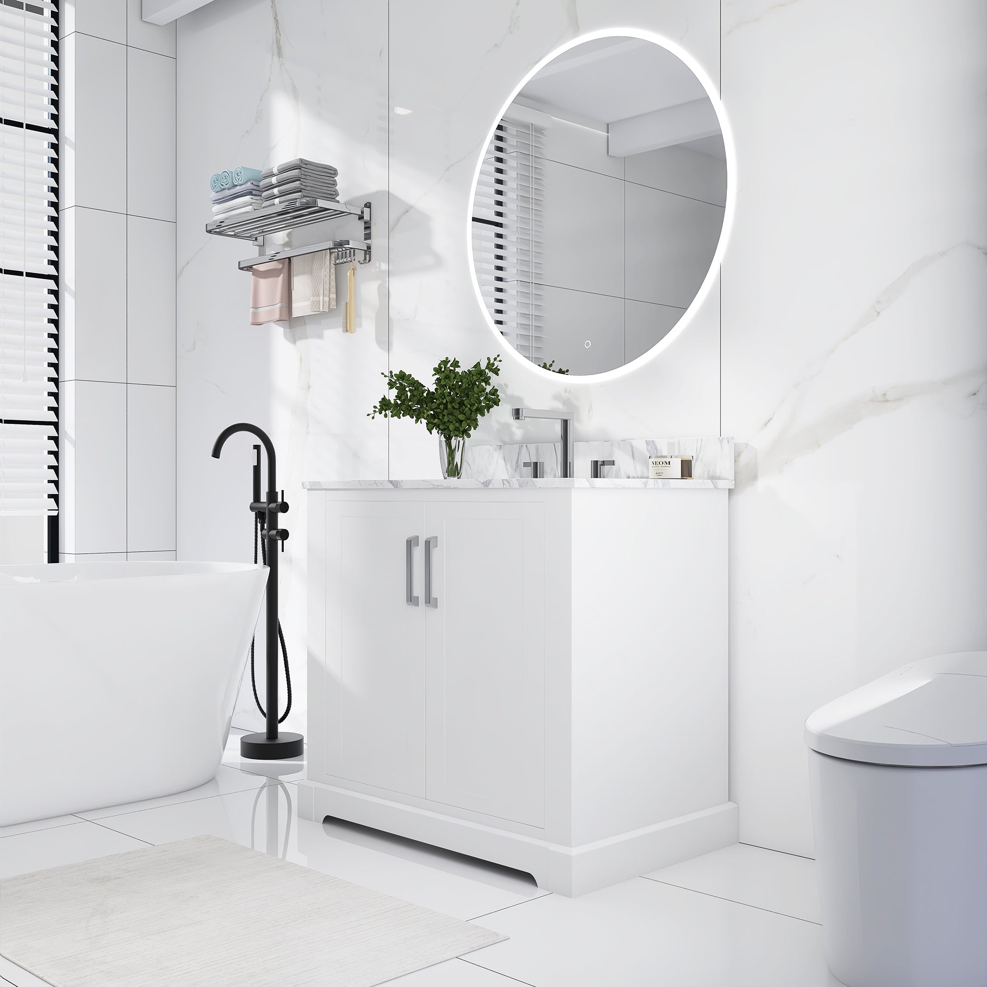 36 in. W x 22 in. D x 33 in. H Bath Vanity in White with Carrara White Marble Top