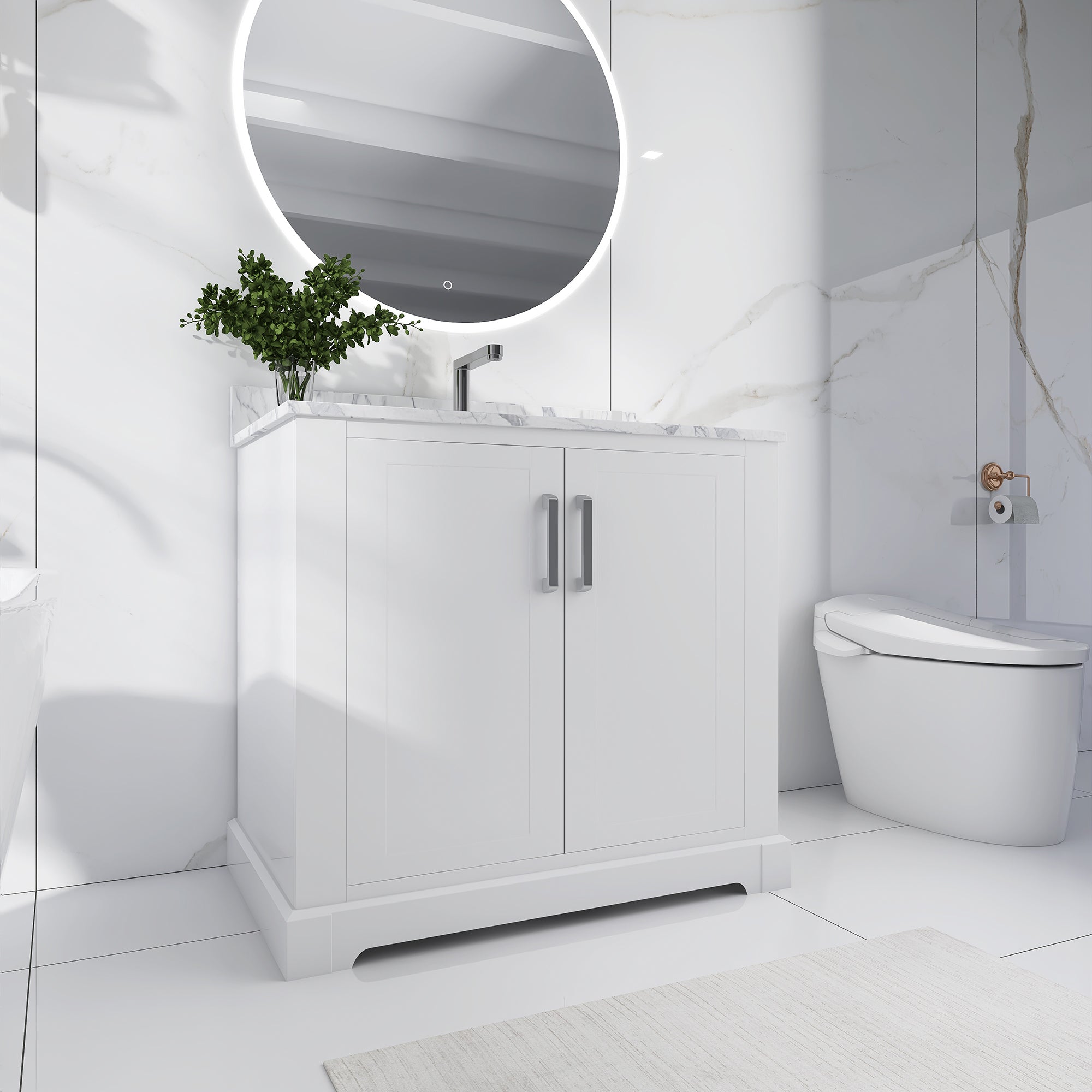 36 in. W x 22 in. D x 33 in. H Bath Vanity in White with Carrara White Marble Top