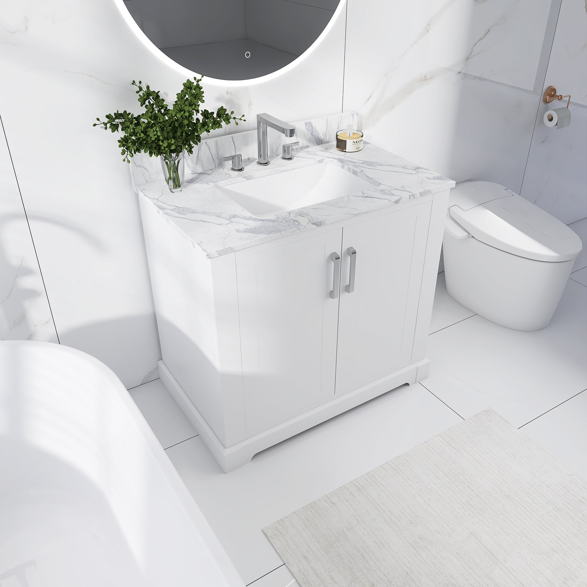 36 in. W x 22 in. D x 33 in. H Bath Vanity in White with Carrara White Marble Top