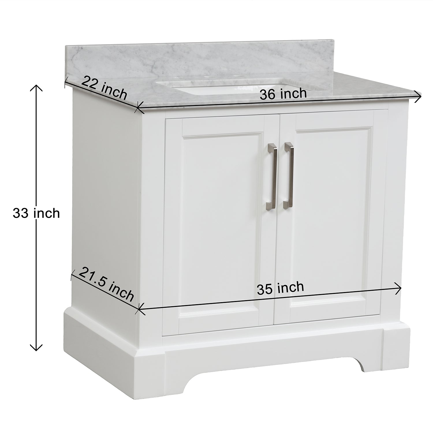36 in. W x 22 in. D x 33 in. H Bath Vanity in White with Carrara White Marble Top
