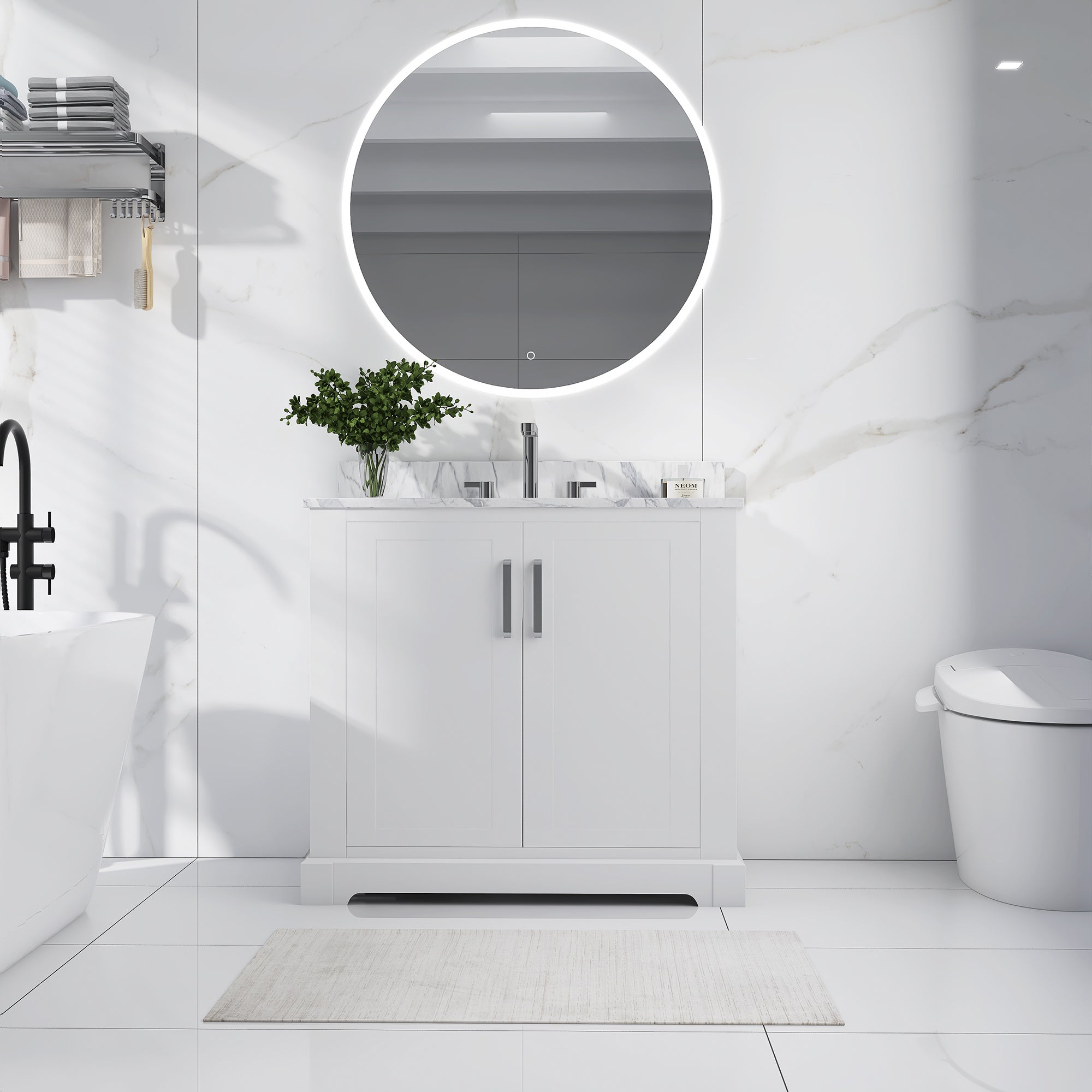36 in. W x 22 in. D x 33 in. H Bath Vanity in White with Carrara White Marble Top
