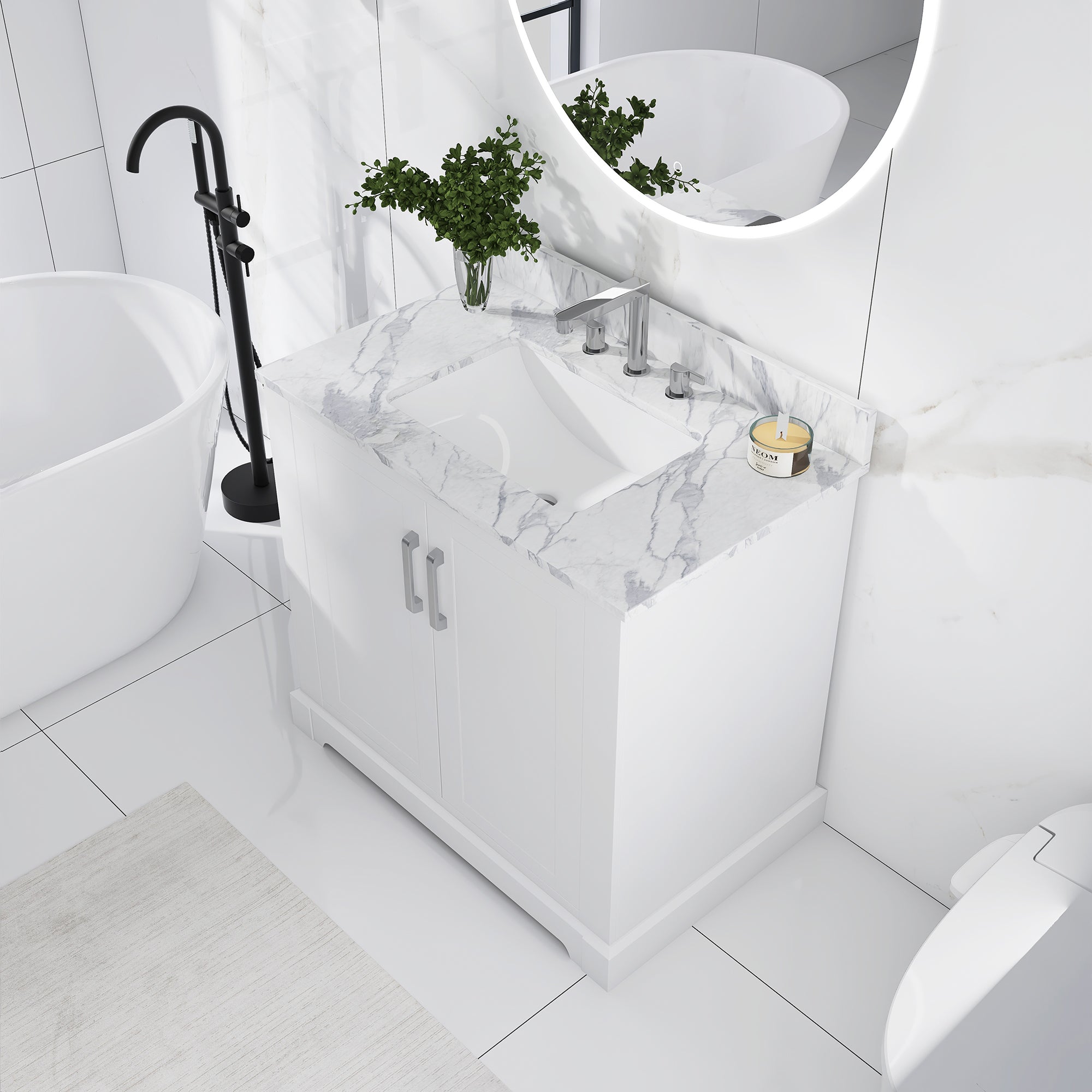 36 in. W x 22 in. D x 33 in. H Bath Vanity in White with Carrara White Marble Top