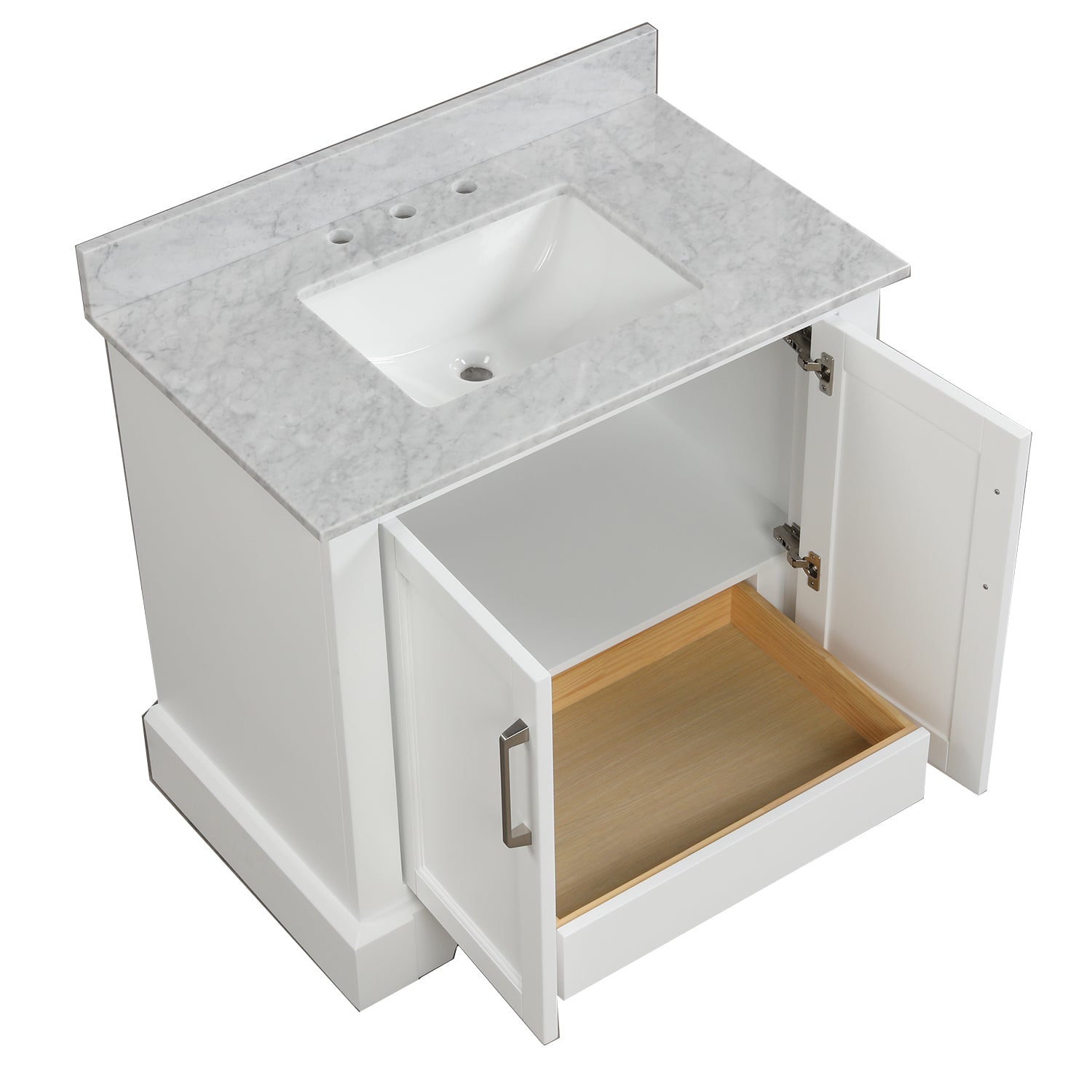 36 in. W x 22 in. D x 33 in. H Bath Vanity in White with Carrara White Marble Top