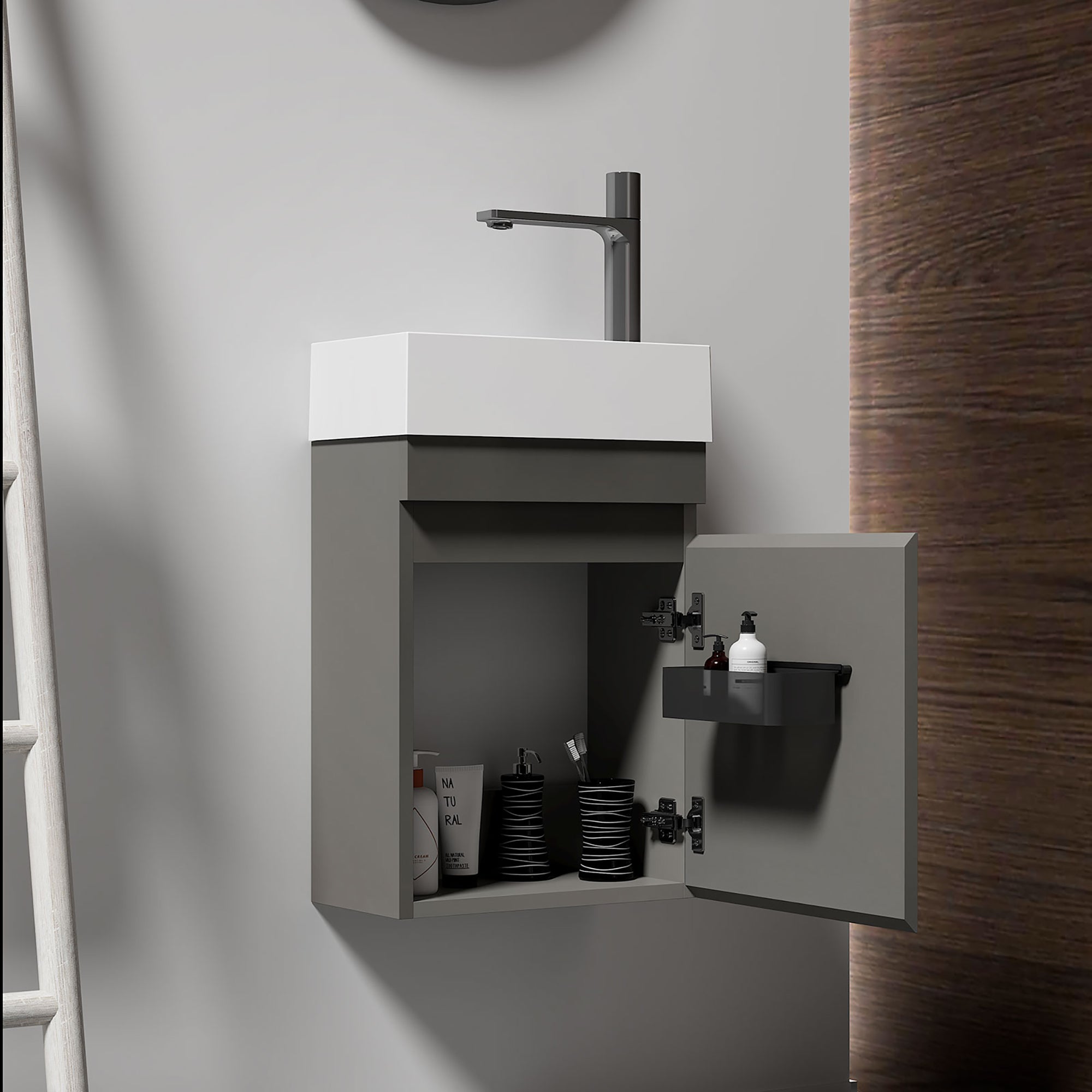 Wall-Mounted Bathroom Vanity Set in Grey with White Integrated Artificial Stone Sink