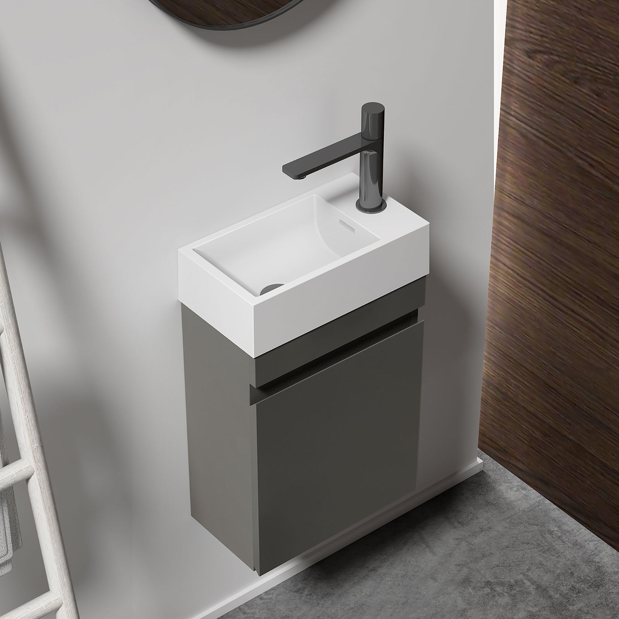 Wall-Mounted Bathroom Vanity Set in Grey with White Integrated Artificial Stone Sink