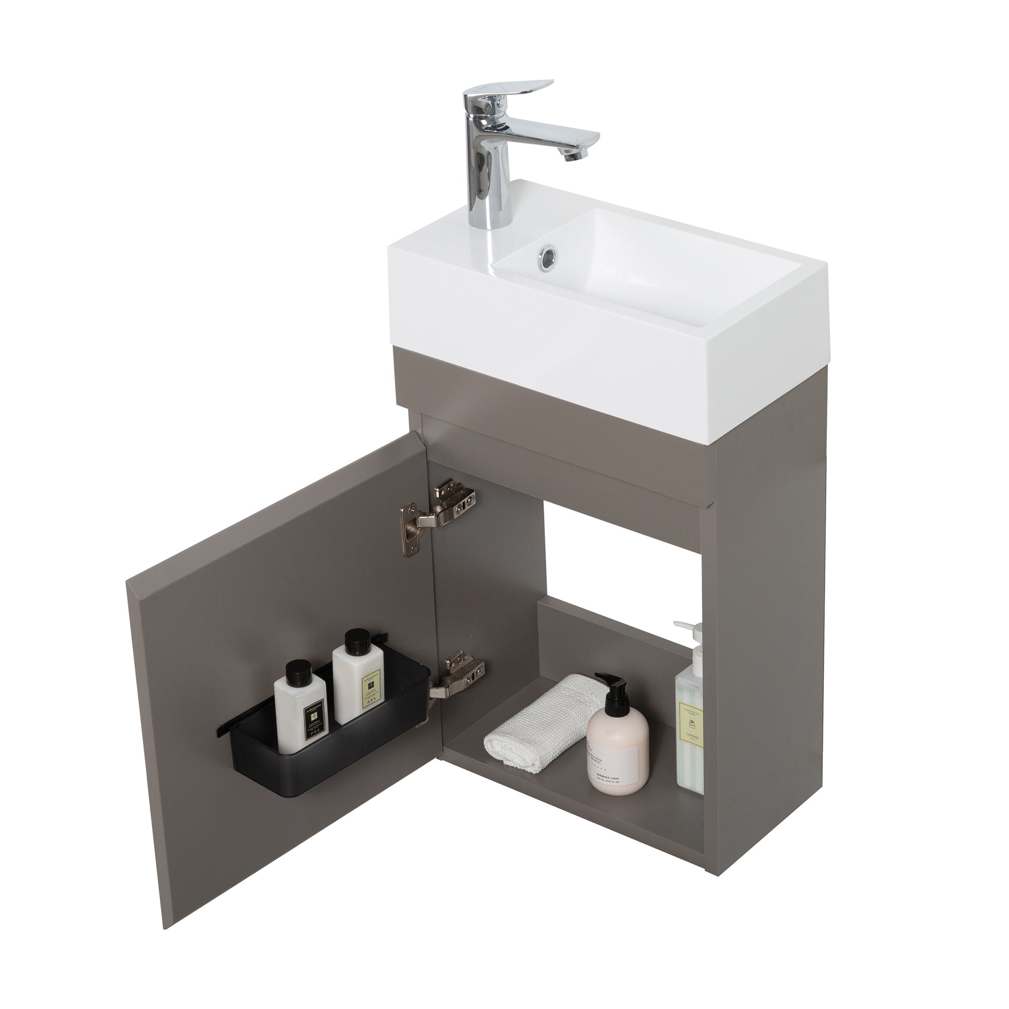 Wall-Mounted Bathroom Vanity Set in Grey with White Integrated Artificial Stone Sink